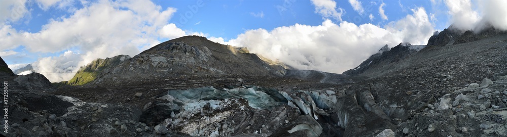 Panorama in the swiss alps with glaciers and mountains in Valais.