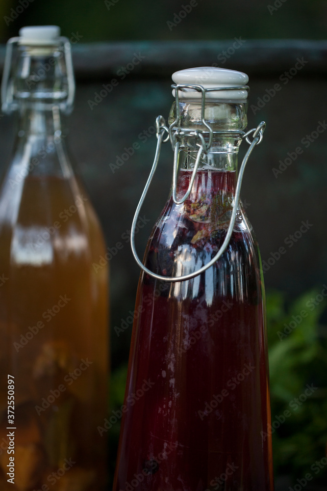 Kombucha second fermented fruit tea with different flavorings. Healthy natural probiotic flavored drink