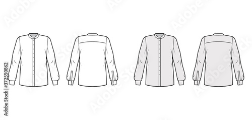 Shirt technical fashion illustration with rounded mandarin collar  long sleeves  oversized body  back round yoke. Flat apparel top template front  back white grey color. Women men unisex blouse mockup