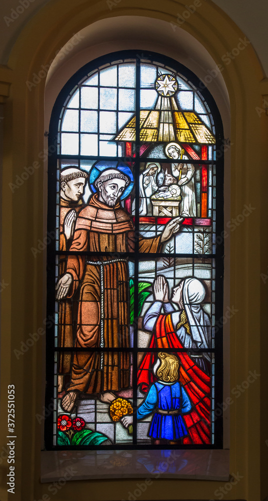 Kalety Miotek, Poland, April 7, 2020: Stained glass window in the church of St. Francis of Assisi in Miotek in Silesia in Poland.