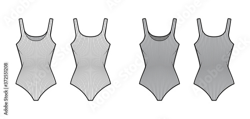 Ribbed cotton-jersey tank bodysuit technical fashion illustration with fitted knit body, sleeveless. Flat outwear cami apparel template front, back, white, grey color. Women men unisex top CAD mockup.