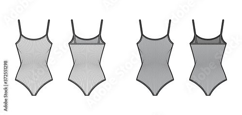 Ribbed cotton-jersey tank bodysuit technical fashion illustration with fitted knit body, sleeveless. Flat outwear cami apparel template front, back, white, grey color. Women men unisex top CAD mockup.