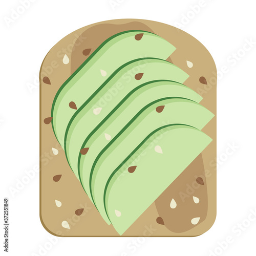 Avocado toast vector illustration. Avocado slices on toasted bread, vegan sandwich with sesame seeds