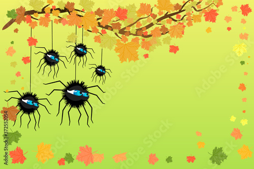 Halloween banner with spiders and maple tree. Halloween sale background or poster with black spiders, autumn leaf and copy space. Template for holiday sale poster wth place for text. Stock vector