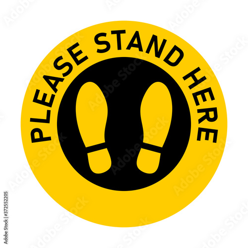 Please Stand Here Round Floor Marking Icon with Text and Shoeprints for Queue Line or Other Purposes Requiring Social Distancing. Vector Image.
