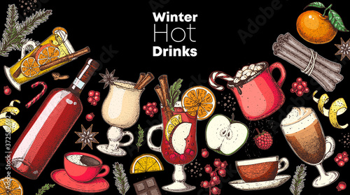 Hot drinks. Mulled wine  winter hot drink top view. Hand drawn. Vector illustration. Christmas design template. Sketch collection. Christmas bar menu. Mulled wine  coffee and tea. Packaging design