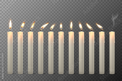 Vector 3d Realistic White Paraffin or Wax Burning Candles with Different Flame Icon Set Closeup Isolated on Transparent Background. Design Template, Clipart