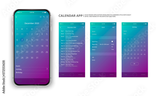 User interface design. Mobile calendar app, December. Phone mock up on the colorful background.