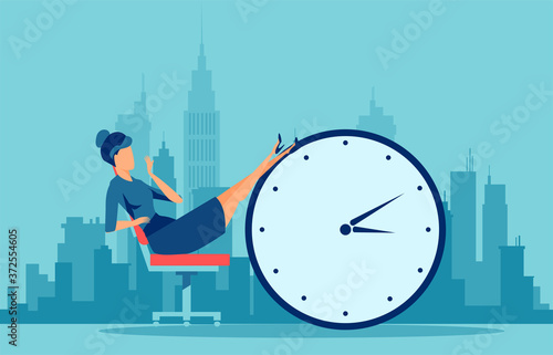 Vector of young procrastinating business woman sitting in the office with her legs up on an alarm clock