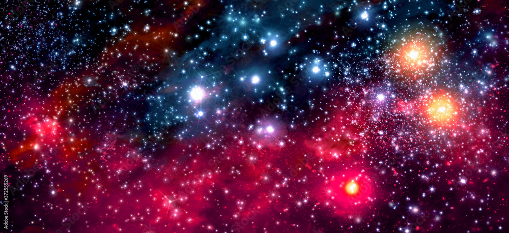 Fictitious colorful star field with nebulae, sparkling stars, suns and galaxies - 3d illustration