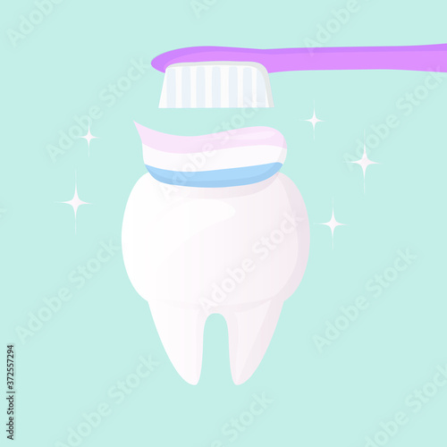 a poster about daily oral hygiene. It is important to brush your teeth properly. A healthy white tooth with a toothbrush and toothpaste for care and cleaning. Flat vector design