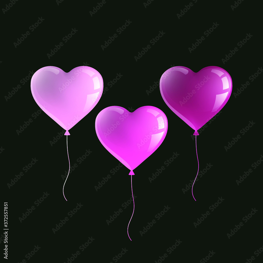 Realistic festive balloons in the shape of a heart light pink, pink and dark pink. Isolated objects. Vector illustration. 