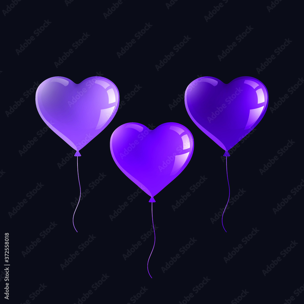 Realistic festive balloons in the shape of a heart light purple, purple and dark purple. Isolated objects. Vector illustration. 