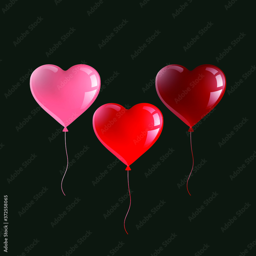 Realistic festive balloons in the shape of a heart light red, red and dark red. Isolated objects. Vector illustration. Realistic festive balloons in the shape of a heart light red, red and dark red. Isolated objects. Vector illustration.