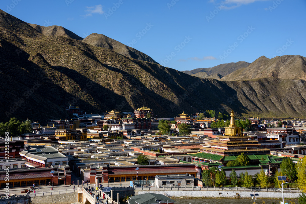 View of the Labrang Monastery from hilltop in Xiahe County, China