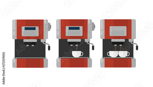 Set of coffee machine flat illustrations. Front view of coffee machine. Vector.