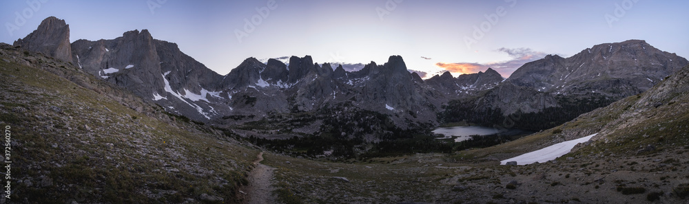 A panoramic shot at dusk of the Cirque of the Towers in the Wind River Range of Wyoming. Often considered one of the most wild and remote areas of the Continental United States.