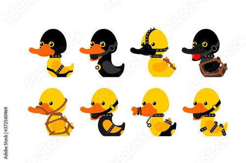 BDSM duck set. fetish toy Rubber duck in black suit. vector illustration 