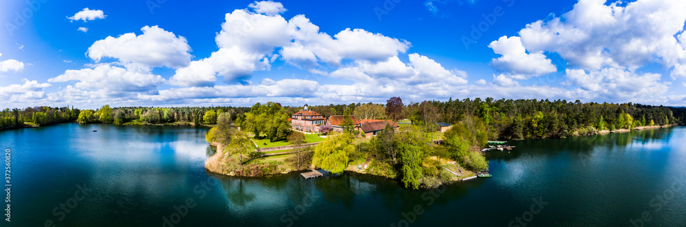 Germany, Hesse, Kahl am Main, Aerial panorama of Schloss Emmerichshofen in summer Germany, Hesse, Kahl am Main, Aerial panorama of Schloss Emmerichshofen in summer