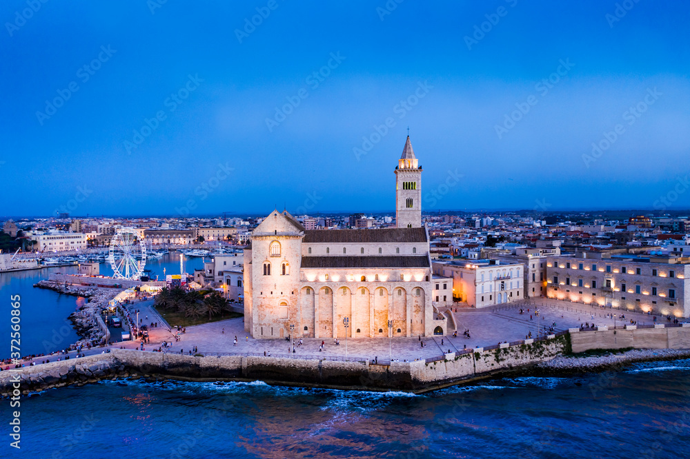 Italy, Puglia, Trani, Cathedral of San Nicola Pellegrino at night, aerial view Italy, Puglia, Trani, Cathedral of San Nicola Pellegrino at night, aerial view
