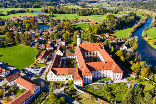 Germany, Bavaria, Upper Bavaria, Tolzer Land, Eurasburg, Aerial view of Monastery of the Salesians or Beuerberg Monastery photo