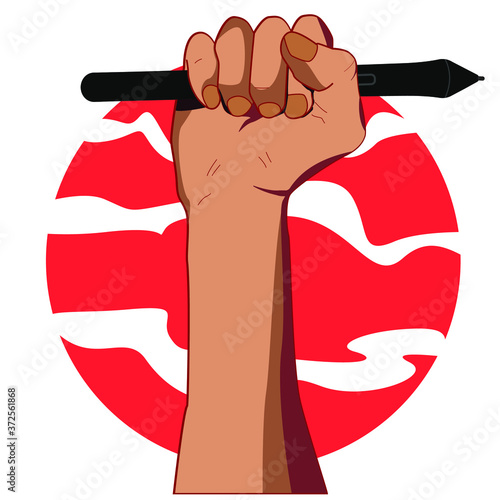 Colored illustration hand with stylus of tablet and red circle on background. 