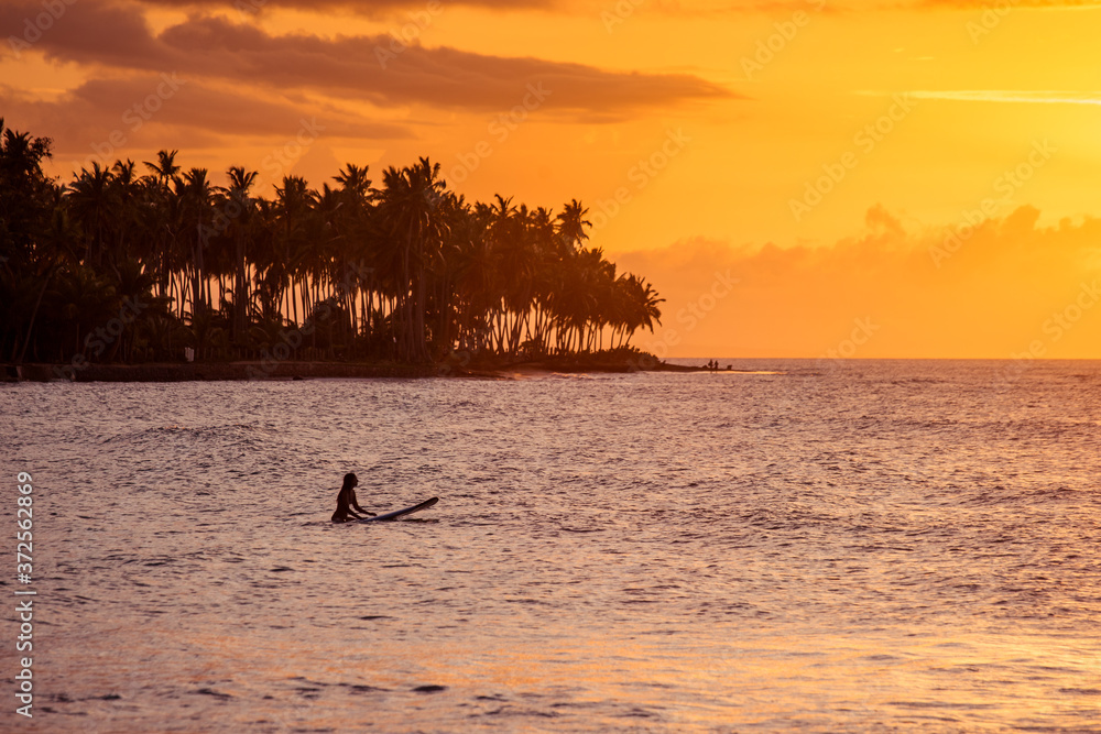 Surfer at the sunset light at the paradise beach in Las Terrenas, Samana, Dominican Republic 