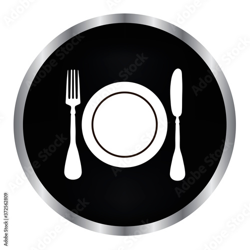 fork, knife, plate on a black button