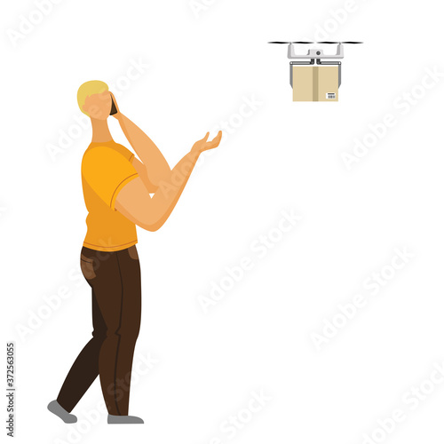 Man talking smartphone picks up the parcel delivered by the drone. Drone delievery concept. Isolated on white background.