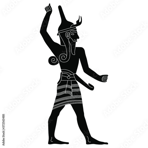 God Baal. Figure of ancient man in hat or helm. Black and white silhouette. Ugarit Canaan Hittites culture.