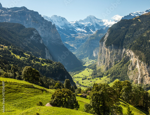 A high angle view of the Lauterbrunnen Valley, Switzerland.