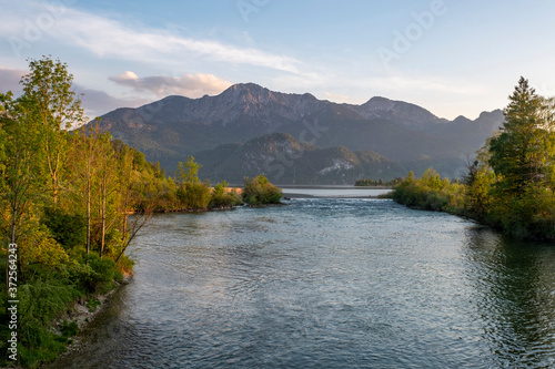 Germany, Bavaria, Upper Bavaria, Loisachtal, Kochel am See, Lake Kochel and Herzogstand and Heimgarten mountains photo