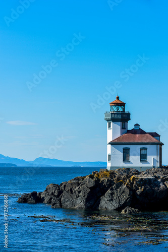 USA, Washington, San Juan Island, Clear sky over Lime Kiln Lighthouse photo