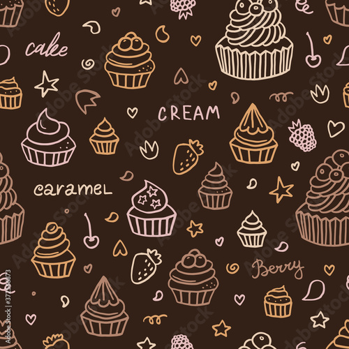 Hand drawn cupcake doodle background seamless pattern with desserts, berries. Vector illustration