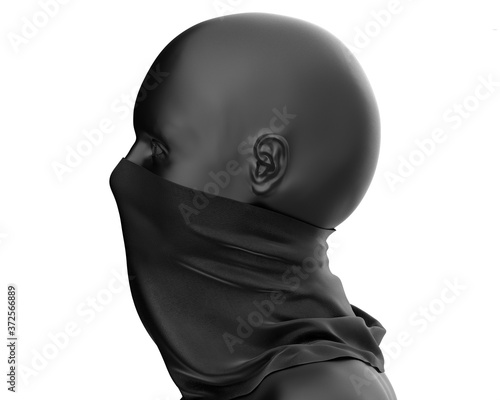 Black Neck gaiter mockup with black mannequin, Dark Fabric necker dust proof 3d Rendering isolated on white background photo