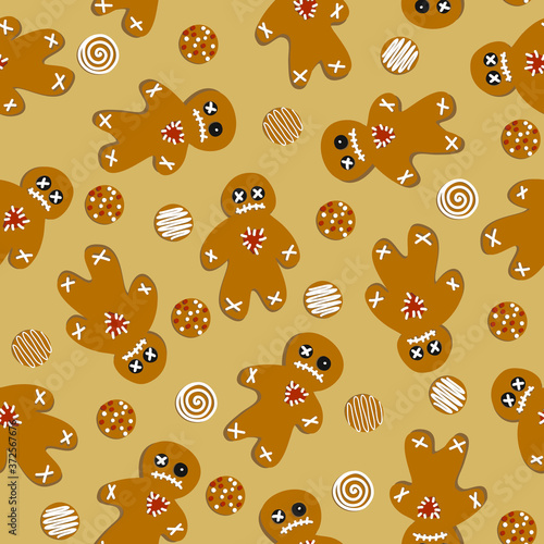 Seamless pattern with gingerbread cookies and frosting. Halloween vector illustration in hand drawing and sketch style. Scary man, zombie from the dough.