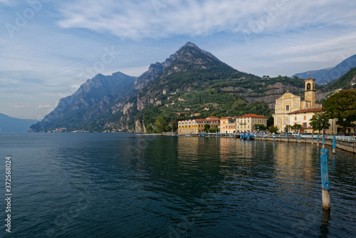 Italy, Lombardy, Marone, Lake Iseo with Corna Trentapassi mountain photo