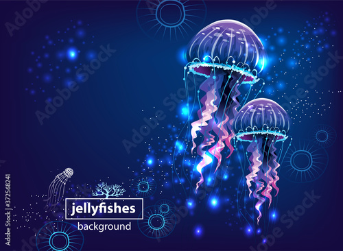 Background with Glowing vivid jellyfishes