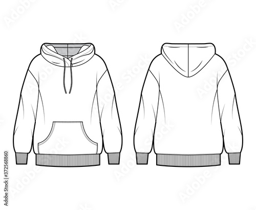 Oversized cotton-fleece hoodie technical fashion illustration with pocket, relaxed fit, long sleeves. Flat outwear jumper apparel template front back white color. Women, men, unisex sweatshirt top CAD