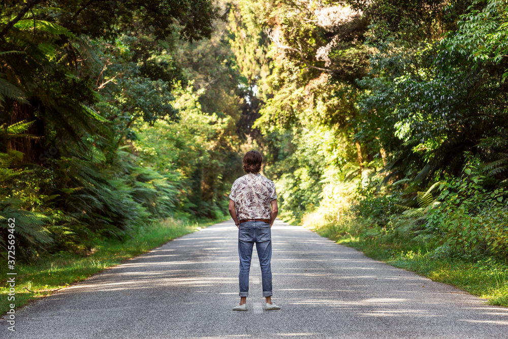 Man standing on road amidst trees in forest Man standing on road amidst trees in forest