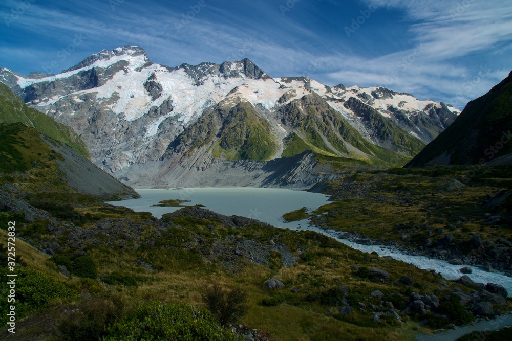Glacier lake on Hooker Valley track, New Zealand Glacier lake on Hooker Valley track, New Zealand