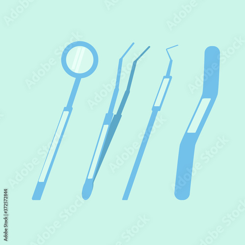 Dental examination instruments  dental spatula  mirror  forceps  dental probe  Medical illustration in flat style  vector art