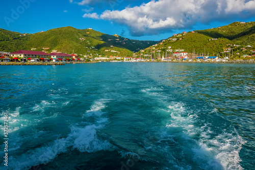 A view from a fast catamaran leaving the port of Road Town on Tortola
