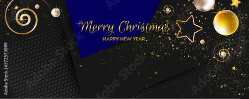 Modern festive Christmas and Happy New Year gold design on a dark background abstract shiny color golden. Vector modern dressy banner