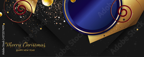 Modern festive Christmas and Happy New Year gold design on a dark background abstract shiny color golden. Vector modern dressy banner