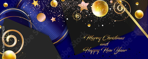 Modern festive Christmas and Happy New Year gold design on a dark background abstract shiny color golden. Vector modern dressy banner