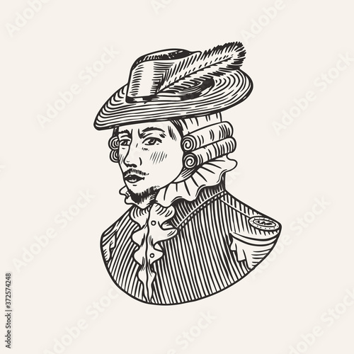 Duke or Antique Victorian Man with Feather Hat. Engraved hand drawn vintage sketch. Woodcut style. Vector illustration 