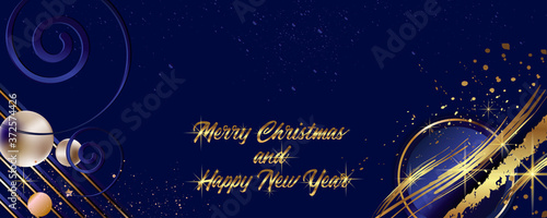 Modern festive Christmas and Happy New Year gold design on a dark background abstract shiny color golden. Vector modern dressy banner