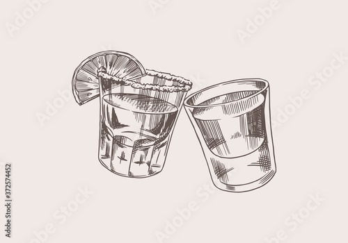 Cheers toast. Vintage Mexican tequila badge. Glass shots with strong drink. Alcoholic Label for poster banner. Hand Drawn engraved sketch lettering for t-shirt.