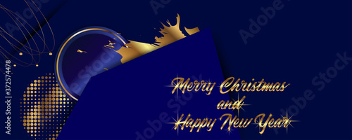 Modern festive Christmas and Happy New Year gold design on a dark background abstract shiny color golden. Vector modern dressy banner